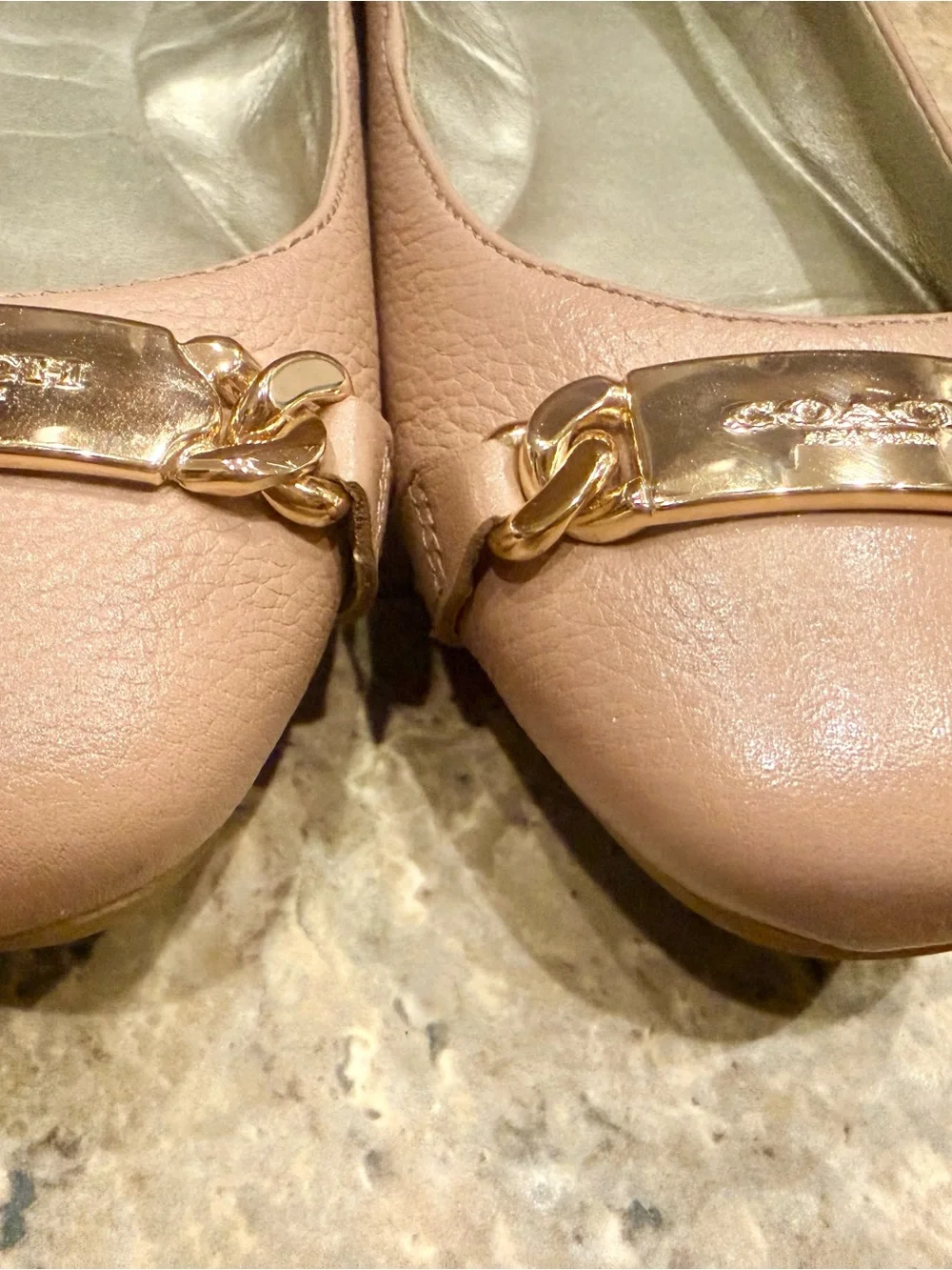 Coach Blush Pink Leather Ballet Flats with Gold Plaque